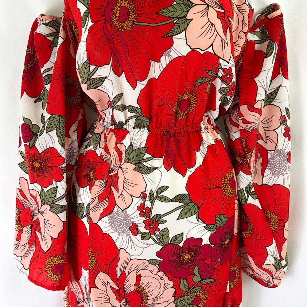 Go Coco Large-Scale Floral Print Maxi Dress (1X) Red Pink Green White Leg Slits - Picture 5 of 14